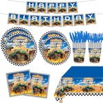 120PCS Monster Truck Party Supplies for Kids Boys 1st 2nd Birthday Party Decorations Monster Jan Bday Party Disposable Tableware Set Plates Napkin Cups Forks Knives Banner Tablecloth Serves 20 Guests