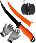 Fish Fillet Knife, 7 Inches Professional Fishing Fillet Knife Set Stainless Steel Blade in Corrosion Resistant Coating, with Sharpener and Cutting Resistant Gloves, for Fishing and Outdoor, Orange