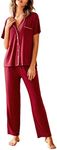 Avidlove Women Pajamas Set Notch Collar Soft Sleepwear Pjs Short Sleeve Button Down Nightwear with Long Pants Wine Red