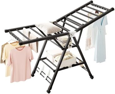 DULCE DOM 3-Tier Foldable Clothes Drying Rack, Black, 7 Adjustable Heights, Heavy-Duty, Strong Load-Bearing, with Universal Wheels, Indoor Use