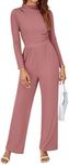 BTFBM Jumpsuits For Women Dressy Mock Neck Long Sleeve Ruched Ribbed Long Pants Rompers Casual Fall One Piece Jumpsuit(Solid Pink, XX-Large)