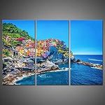 3 Pieces Cinque Terre Italy Coast Landscape Wall Art Mediterranean Sea Landscape Modern Painting Print On Canvas The Picture Artwork for The Living Room Home Decoration Giclee Artwork for Wall Decor