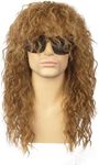 Wallden Hair 80s Rocker Wigs for Men and Women Mullet Wig Long Curly Hair Wig Kiss Wig Perfect for Halloween, Cosplay, DIY Themed Costume Party (Light Brown + Sunglasses)