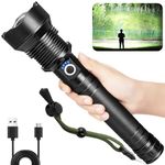 Cinlinso rechargeable tactical Flashlight 90000 Lumen with Battery,Most Powerful Water Resistant Camping Flashlight,Super Bright Portable Outdoor Torch Light Zoomable Flashlight with Power Display,led