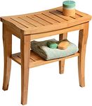 2 Tier Slatted Premium Natural Bamboo Wood Bathroom Stool Bench Shower Seat Shoe Rack Shelf Organizer Slatted Heavy Duty Bamboo Multi Purpose Step Stool & Seat with Storage Shelf Indoor or Outdoor use