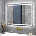 Tangkula 36 x 28 Inch LED Bathroom Mirror, Wall Mounted Rectangle Mirror w/ 3-Color Dimmable Lights, Time/Temp Display, Anti-Fog & Memory Function, Frameless Rectangular LED Lighted Mirror