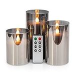 WYZworks Silver Gray Metallic LED Tinted Glass Mirrored Flickering Flameless Pillar Candles, Set of 3 w/Remote Control, Timer, Realistic Flicker/Static Mode, Battery Operated, Adjustable Brightness