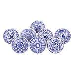 ETHNICITI 8 x Round Blue & White Handmade Geometric Ceramic Door Knobs Cupboards Drawers Cabinets Wardrobe Assorted Vintage Shabby Chic Kitchen Bedroom Living Room Furniture Dressers Pulls Handles