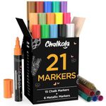 Chalk Markers & Metallic Colors (Pack of 21) Neon Chalk Pens - For Chalkboard, Blackboards, Window, Labels, Bistro, Glass - Wet Wipe Erasable - 6mm Reversible Bullet & Chisel Tip