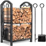 Amagabeli Firewood Rack Indoor 5 Pieces Fireplace Tools Set Fire Wood Holder with Tongs Poker Brush and Shovel Outdoor Log Rack Solid Wrought Iron Fireplace Set Kit Wood Stove Accessories Pewter