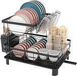 IMMEK Dish Drainers,Large Dish Drying Rack,Double Layer Dish Rack for Kitchen Counter with Drainage Plate and Rotating Nozzle,Dish Rack with Tableware Rack and Cup Holder