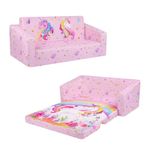 Decalsweet Foldable Kids Sofa,Double Seat 2 in 1 Flip Open Kids Sofa Bed with Pocket,Comfortable Children's Sofa for Bedroom Nursery Playroom,Gift for Girls-Pink Unicorn