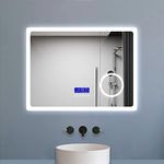 Biubiubath Bluetooth Bathroom Mirror with Speakers,800 x 600 mm 2700K Warm and 6000K White LED Lights Anti Fog 3x Magnifying Clock Horizontal