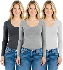 Emmalise Women's Junior and Plus Size Basic Scoop Neck Tshirt Long Sleeve Tee, Small, 3Pk H Charcoal, H Gray, White