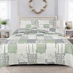 Double Bedding 3 Piece Printed Patchwork Bedspread Quilted Bed Throw Comforter with Pillow Shams Decorative Warm Quilt Blanket OLIVE (Des 1)