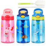 SUPPRUI Kids Water Bottles with Straw for School,480ml Water Bottle Kids,BPA-Free,Leakproof Drink Bottle for Boys & Girls (Blue Dinosaur)