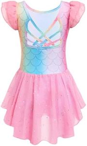 Arshiner Girls Shiny Ruffle Sleeve Ballet Leotard with Skirt Criss-Cross Back Dance Dresses