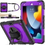 SEYMAC stock Case for iPad 9th/ 8th/ 7th Generation 10.2’’, Shockproof Case with Screen Protector Pencil Holder [360° Rotating Hand Strap] &Stand for iPad 10.2 inch 2021/2020/2019 (Purple+Black)