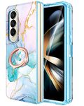 Hekodonk for Galaxy Z FOLD 4 Case,Heavy Duty with Rotation Ring Kickstand Magnetic Car Mount Full Body Shockproof Protection Slim Marble Phone Case Cover for Galaxy Z FOLD 4 Pink Blue Marble