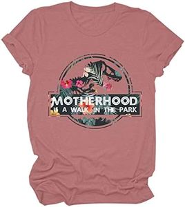 Motherhood is A Walk in The Park Shirts Womens Casual Short Sleeve Crew Neck T-Shirt Funny Letter Graphic Cute Mom Tops Pink Gold