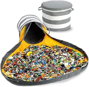 Creative QT - Organizzatore a Scomparsa per Giocattoli e Tappetino da Gioco - Cestino portaoggetti per Giocattoli - Ragazzi e Ragazze - Contenitori per stanze dei Giochi - camerette - Strisce Grigie