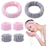 KEYRI 6 Pcs Spa Headband Wrist Washband Set Face Wash Wristband Soft Elastic Headband Wrist Bands for Face Washing Skincare Facial Headband Washing Band for Women Girls Makeup Bath Shower (Pink, Gray)