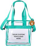 DISCOUNT PROMOS Custom Game Day Clear Tote Bags Set of 6, Personalized Bulk Pack - Stadium-Approved, Transparent, Game Day Essentials - Teal