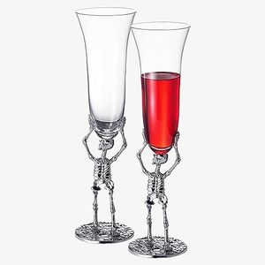 Stemmed Skeleton Champagne Flute Glass | Set of 2 | 7.5oz Halloween Skeleton Glasses 10" H, Goth Gifts, Skeleton Gifts, Skeleton Decor, Spooky Wine Gift Set, Perfect for Halloween Themed Parties