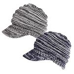 2 Pieces Ponytail Beanie Hat Womens Winter Warm Cable Knit Messy Bun Hat Crochet Peaked Beanie Cap (Grey White + Navy Blue White)