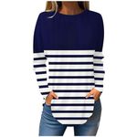 2024 Fall Women's Casual Long Sleeve Solid Color Tops Crewneck Sweatshirts Cute Loose Fitted Pullover with Pockets Navy#3 Small