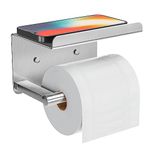 Adhesive Toilet Paper Holder with Phone Shelf, Wall Mounted Toilet Paper Roll Holder, Rustproof Bathroom Tissue Roll Holder with Shelf, Sticky Toilet Paper Roll Holder- Silver