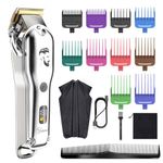 Hatteker Mens Hair Clipper Beard Trimmer Hair Trimmer for Men Cordless Clippers Professional Barbers Grooming Kit IPX7 Waterproof, Rechargeable, Colorful Combs, Silver