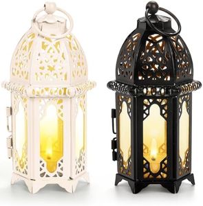 Goaste 2 Pack Moroccan Style Candle Lantern, Small Tealight Candle Holder with Transparent Glass Panels, 6 Inch Hanging Lantern Outdoor for Ramadan, Halloween Decorative Metal Lamp for Patio, Weddings