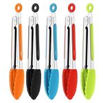 5 Pack 7 Inch Kitchen Tongs, Stainless Steel Cooking Tongs, Small Colored Non-Stick Food Serving Tongs with Silicone Tips for Salad BBQ Grilling Frying Cooking (5 Colors)