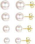 ORAZIO 4 Pairs 925 Sterling Silver Pearl Earrings Round Ball Pearls Stud Earrings Hypoallergenic 6-9mm Mixed Sizes Freshwater Cultured Pearl Earrings Set For Girls Women