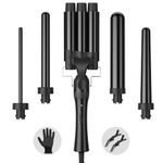 Hair Waver Curling Wand Iron Tong, Chopstick, 5 in 1 Hair Curler for Long Hair 10mm-32mm with 2 Crocodile Clips 1 Anti-Scald Silicone Gloves, PTC Ceramic Triple Barrels LCD 180°C & 210°C