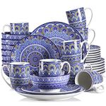 vancasso 32 Pieces Porcelain Dinner Set for 8 - Mandala Dinnerware Dish Set Artisanal Pieces with 10.5in Dinner Plate, 8in Dessert Plate, 6in Bowl and 13oz Mug, Boho Blue Tableware