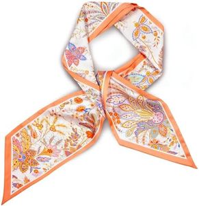 MONGGIL Long Skinny Scarf for Women – 59” Silk-Like Twill, Peach Border Paisley Floral Print, Hair Scarf & Neck Wrap (MG-BL-207)