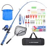 LEOFISHING Kids Fishing Pole Set with Full Starter Kits Portable Telescopic Fishing Rod and Spincast Reel with a Fishing Net and Bucket for Boys Girls and Youth (Blue)