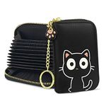 conisy Cute Credit Card Holder for Women,Small Leather Zipper RFID Blocking Card Holder Wallet with Removable Keychain (Black cat)