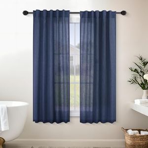Mrs.Naturall Bathroom Window Curtains 45 Inch Length,Back Tab Navy Blue Short Linen Sheer Curtains for Kitchen Bedroom Small Windows 45 Inches Long 2 Panels Set,Dark Blue