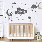 Personalised Name Baby Wall Sticker - Clouds, Stars, Moon & Bird [Dark Grey]