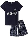 MyFav Women's Pyjama Sets Cute Cat Short Sleeve Top and Shorts Summer Sleepwear 2 Pieces Pjs Set (Navy,S)