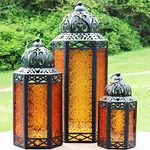 Vela Lanterns Outdoor Moroccan Candle Lantern Decorative Set of 3 for Ramadan Decor, Amber