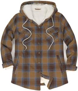 ZENTHACE Western Plaid Flannel Jacket Women's Button Down Sherpa Fleece Lined Shirt Hooded Winter Warm Shacket Blue Coffee XL