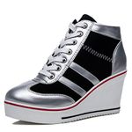 ALLINNINE Women's Sneaker Shoes High Heel Fashionable Canvas Shoes High Tube Lace Up Wedge Edge Zipper Slope Angle Shoes Size 4-11 (B Silver-Black, 8)