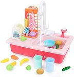 BOBXIN Play Sink with Running Water, Kids Pretend Play Kitchen Toy Sink for Girl, Role Play Electronic Dishwasher Kitchen Water Toys Set with Upgraded Working Faucet and Dishes Playset for Boy Toddler