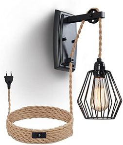 ENCOFT Lampada da Parete Gabbia Interna Industriale, con Cavo di 4m Interruttore e Presa, Plug-in Vintage Applique da Parete in Ferro e Corda di Canapa, E27 Luce Illuminazione da Muro per Soggiorno