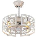 Dannilong Caged Ceiling Fans with Lights Remote Control, 18 Inch Small White Vintage Farmhouse Ceiling Fan with Crystal, Enclosed Bladeless Fandeliers Ceiling Fan for Bedroom Indoor Outdoor