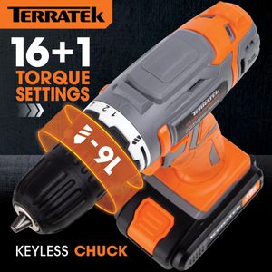 Terratek 18V Cordless Drill Set – Battery Powered Electric Driver